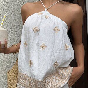 White Boho Women's Vacation Casual Geometric Embroidered Backless Halter Top